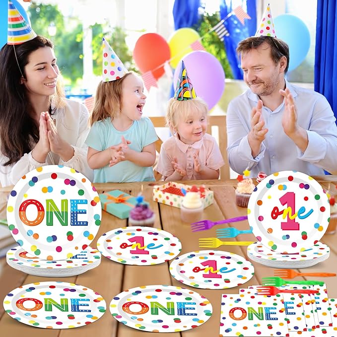 CHUNNIN 96pcs Rainbow 1st Birthday Plates and Napkins Confetti Happy Birthday Party Decorations with Polka Dot Confetti Dessert Plates Colorful 1st Tableware for 24 Guests 1 Year Old Party Supplies
