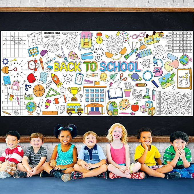 Back to School Large Coloring Poster for Kids 30 x 72 Inch, Giant Coloring Paper Tablecloth Decorations, Color-in Activities Games for Classroom Supplies Must Haves