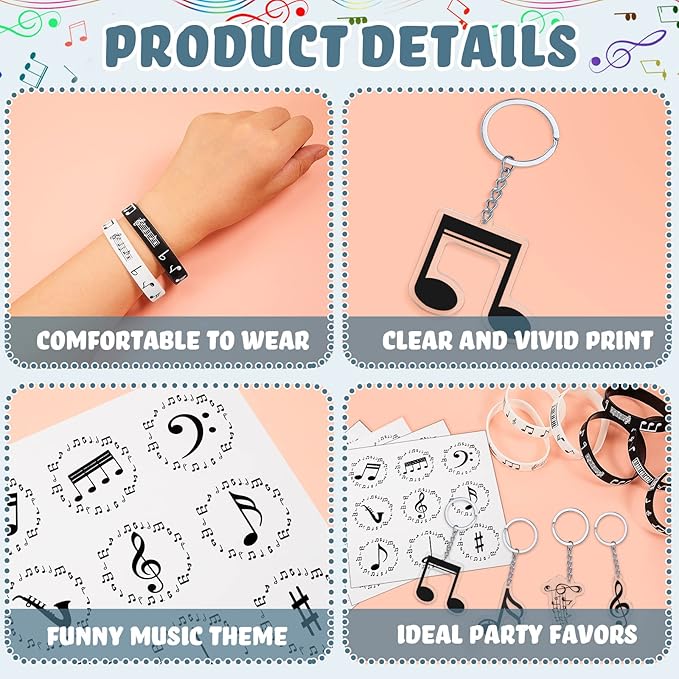 Deekin 187 Pieces Music Party Favors with Music Notes Silicone Bracelets, Metal Note Keychains, Round Label Stickers, Thank You Tags and Sheer Organza Bags for Theme Party Supplies Decorations
