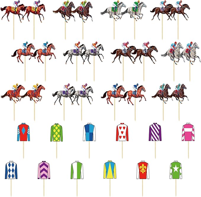 36 PCS Horse Cupcake Toppers, 24 Style Derby Decorations, Clothing Jockey Horse Racing Derby Toothpicks Run for the Rose Cupcake Toppers, Run for the Roses Theme Horse Party Supplies