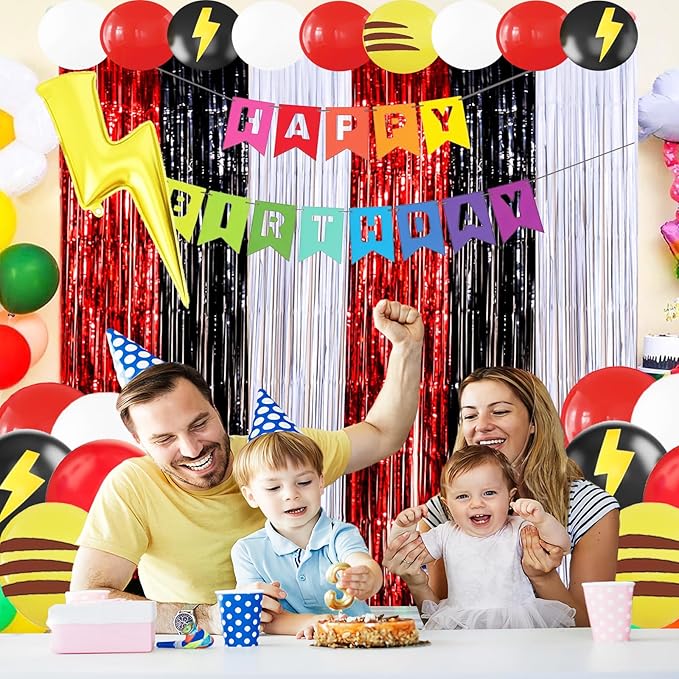 23Pcs Cartoon Ball Birthday Decorations, Red Black White 3.3x8.2ft Tinsel Foil Fringe Curtains Banners and Cute Balloons for Anime Pika Theme Birthday Party Decorations Boys and Girls Party Supplies