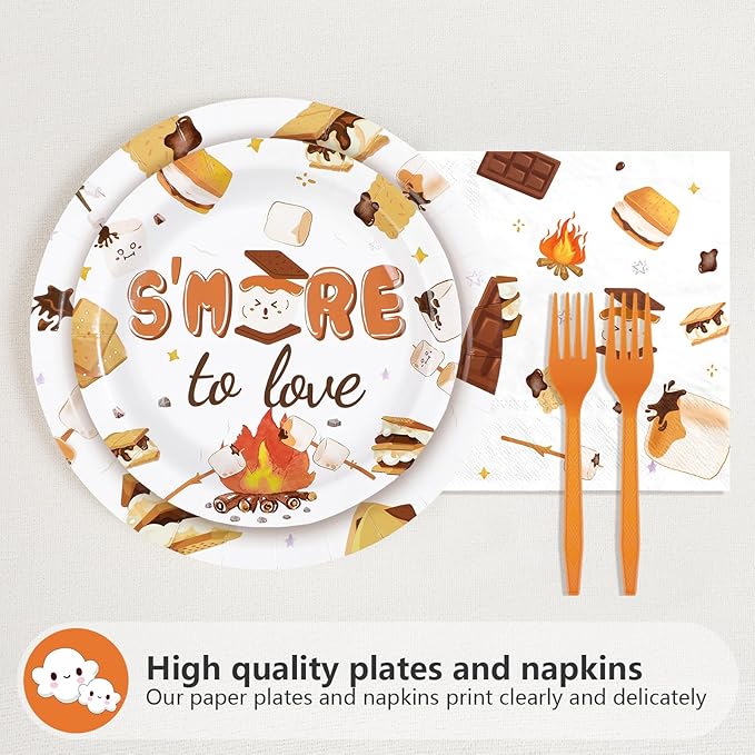 96Pcs S'mores Camping Baby Shower Decorations Everything is S’More Fun with a Baby Plates and Napkins Camping Theme Tableware Set for S’more to Love Kid Camper Campfire Bonfire Party Supplies Serves24