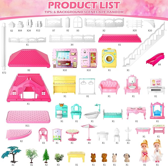 Doloowee Dolls House for Girls Toys, 4 Stories 10 Rooms Dollshouse with 2 Princesses Slide Accessories, Playset for Toddler Playhouse Gift for for 3 4 5 6 7 8+ Year Old Girls Toys
