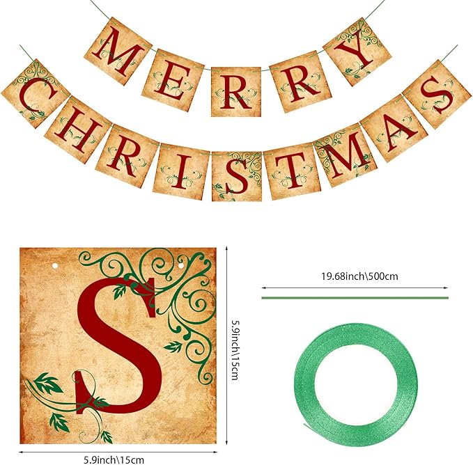 Merry Christmas Banner Vintage Christmas Garlands Decorations for Indoor Home Office Wall Window Door Fireplace Mantle Xmas Tree Decorations