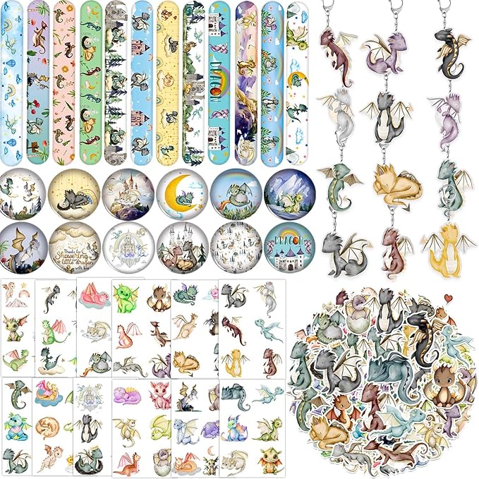 98PCS Dragon Party Favors Dragon Knight Birthday Decorations with Magical Dragon Slap Bracelets Dragons Stickers Dragon Badge Dragon Keychains Dragon Tattoos for Dragon Party Supplies