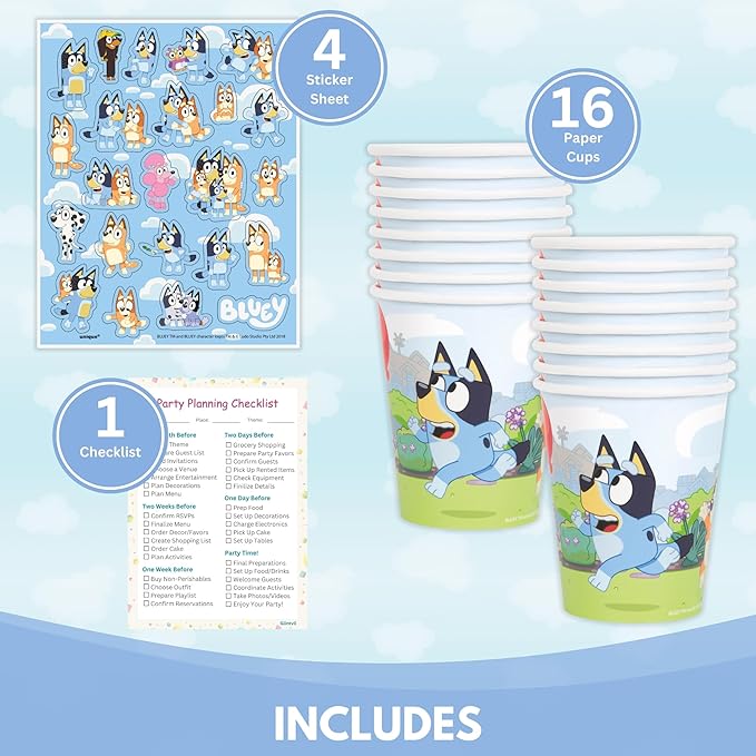 Unique Bluey Cups with Stickers | 16 Paper Cups, 4 Sticker Sheets, Checklist | Bluey Birthday Decorations | Party Supplies for Boys and Girls | Officially Licensed
