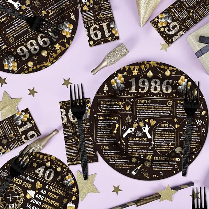 96PCS 40th Birthday Plates and Napkins Party Supplies 40th Birthday Decorations for Women Men 40th Anniversary Decorations Cheers to 40 Years Vintage Tableware Sets Serve 24 Guests