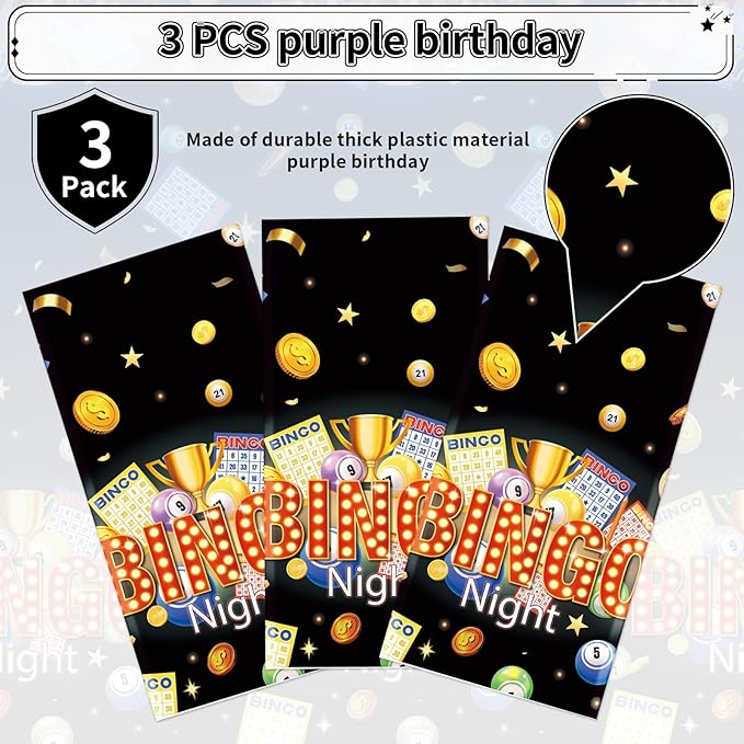 Grencian 3Pcs Bingo Tablecloth Bingo Night Table Cover Plastic Rectangle Black Game Night Table Cloth Party Decorations for Adult Boys Girls Family Game Birthday Bin-go Theme Party Supplies 54" x 108"
