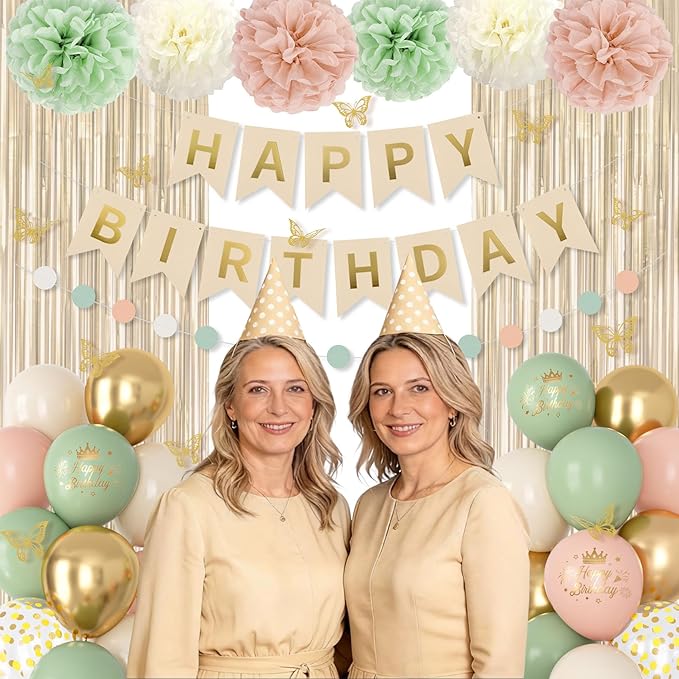 Pink and Sage Green Birthday Decorations for Women Girls, Blush Beige Sand Gold Metallic Printed Balloons Butterfly Stickers Fringe Curtain Happy Birthday Banner Circle Dot Paper Pompom Party Supplies