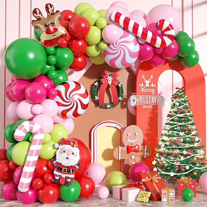 Christmas Arch Kit - Balloon Garland with Red, Pink, Green Latex Balloons for Xmas Party Decorations