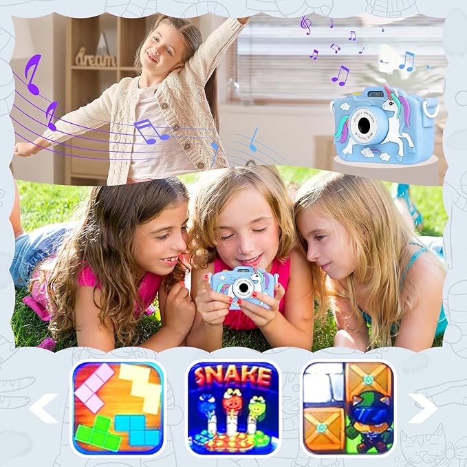 Unicorn Camera for Kids - Toddler Digital Selfie Camera with Silicone Cover, Flash and 32GB SD Card - Children Toy HD Video Kids Camera for Girls and Boys 3-12 Years Old - Blue