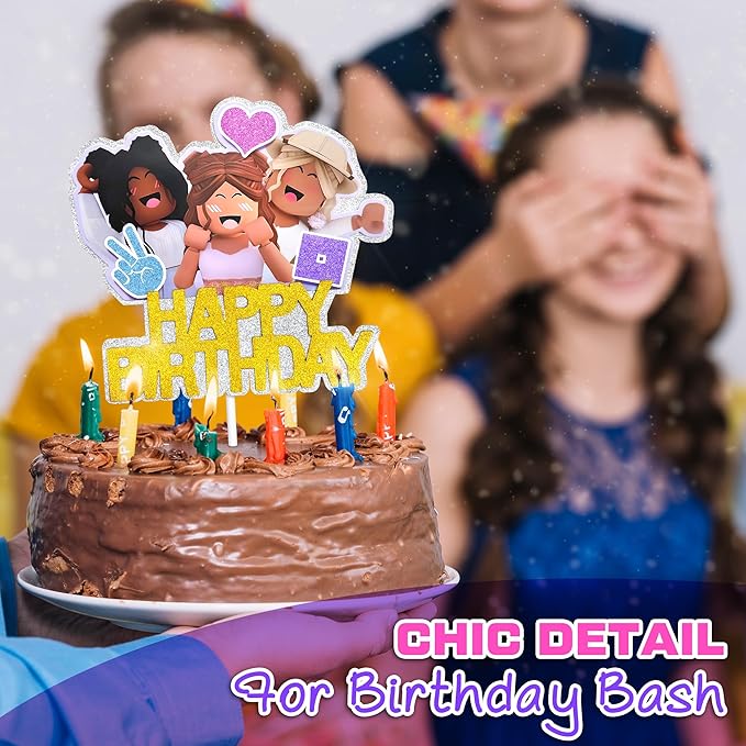 Happy Birthday Cake Toppers for Women – Vibrant & Glittery Gamer Cake Topper Decorations with Sturdy Cardboard – Easy-to-Install, Adjustable Women Birthday Party Decorations for a Festive Celebration