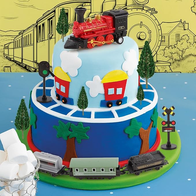 Hooqict 12Pcs Train Cake Topper Birthday Party Decorations Train Cake Decorations Set with Mini Railroad Track, Traffic Light, Railroad Crossing Sign Cake Toppers for Kids Boys Birthday Party Supplies