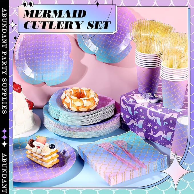120 Pcs Mermaid Party Supplies Mermaids Themed Decorations Under the Sea Disposable Dinnerware Set Includes Plates Napkins Cups Fork for Birthday Party, Serves 24 Guests
