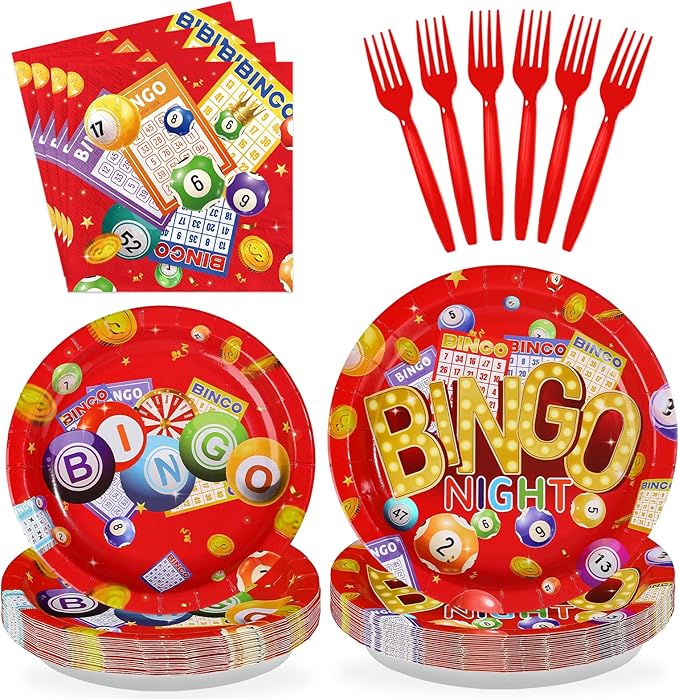 96Pcs Bingo Party Supplies Bingo Night Game Plates and Napkins Disposable Tableware Sets Bin-go Theme Birthday Party Decoration Favors for Kids Adult Casino Family Game Night Decoration Serves 24
