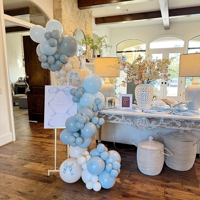 Dusty Blue Gold Balloons,12 Inch Pastel Baby Blue Sand White and Gold Latex Balloons for Boy Baby Shower Bridal Shower Baby Party Decorations