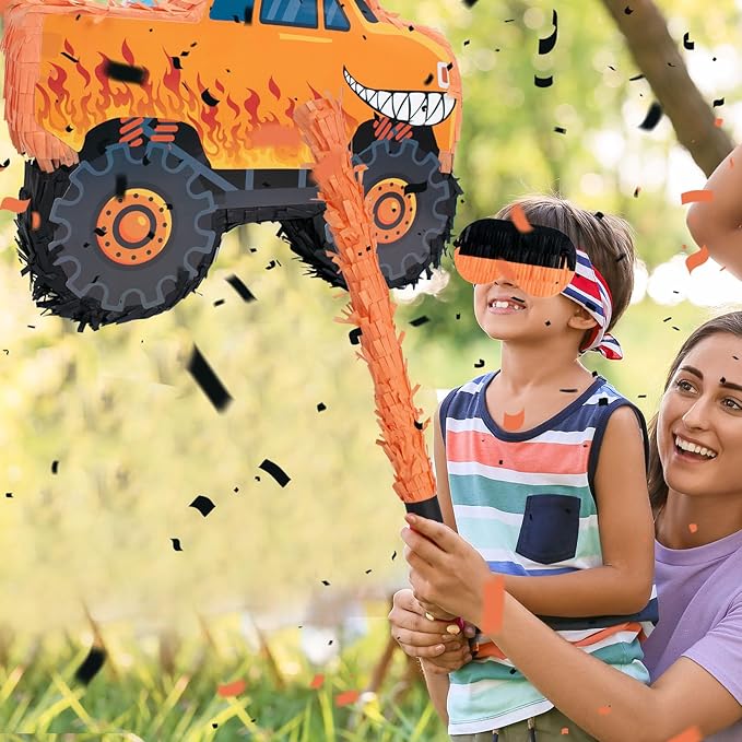 Truck Piñata - Monster Truck Piñata Bundle with Blindfold and Bat for Piñata Theme Party Decoration Supplies Cool Car Piñata for Birthday Party Carnival Celebration Game (15.75*11*2.36 Inch,Small)