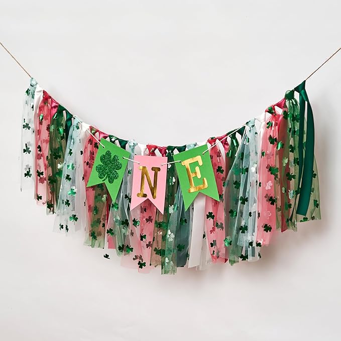 St. Patrick's Day High Chair Banner - Lucky One Birthday Party Supplies,Glitter Luck Shamrock Decorations,Four Leaf Clover First Birthday ONE Tutu Highchair Banner (lucky pink)