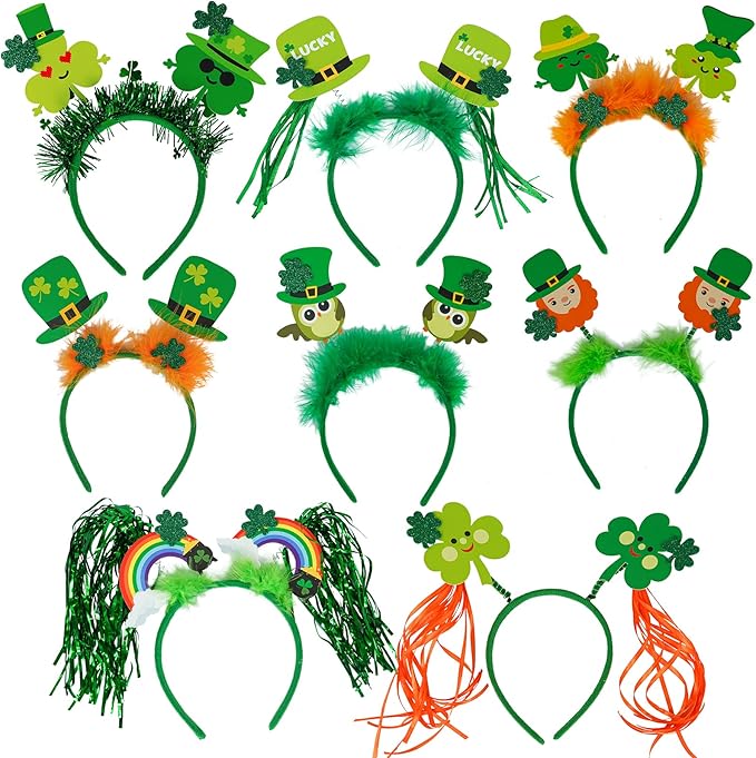 Winlyn Bulk St. Patrick's Day Novelty Jewelry Assortment St. Pat's Party Favors Supplies Shamrock Necklace Coins Head Bopper Bracelet Tattoo Mustaches Accessories for St. Patty's Day Irish Party Decor