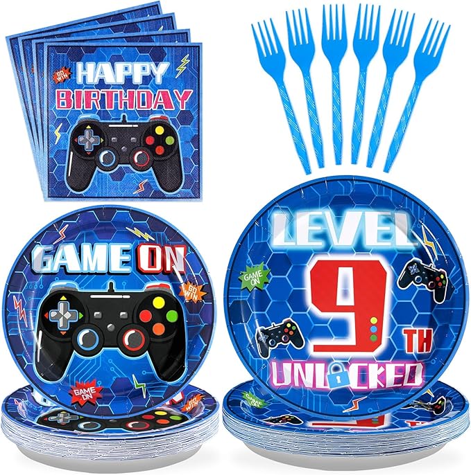 96Pcs 9th Video Game Birthday Party Decorations Blue Video Game Level 9 Birthday Plates and Napkins Tableware Sets for Kids Boys 9 Years Old Gamer Gaming Party Favors Serves 24
