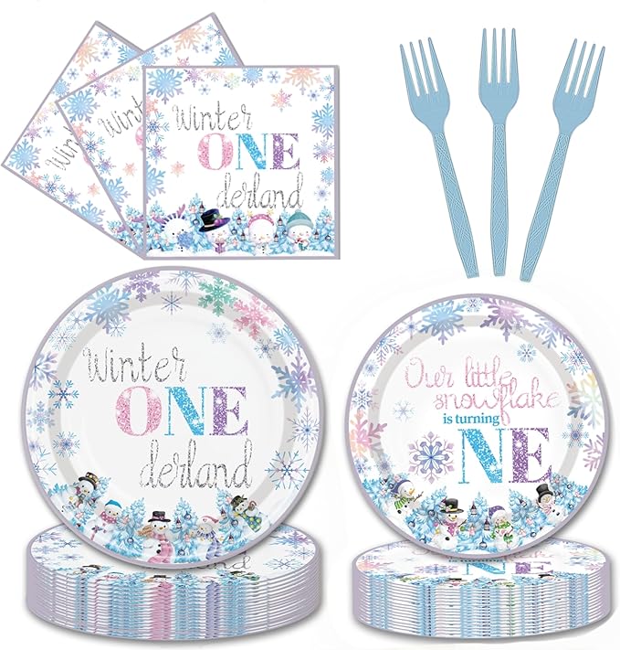 96PCS Winter Onederland Plates and Napkins Party Supplies Winter Onederland 1st Birthday Girl Boy Pink and Silver Snowflake Winter First Birthday Decorations Disposable Tableware Set Serve 24 Guests