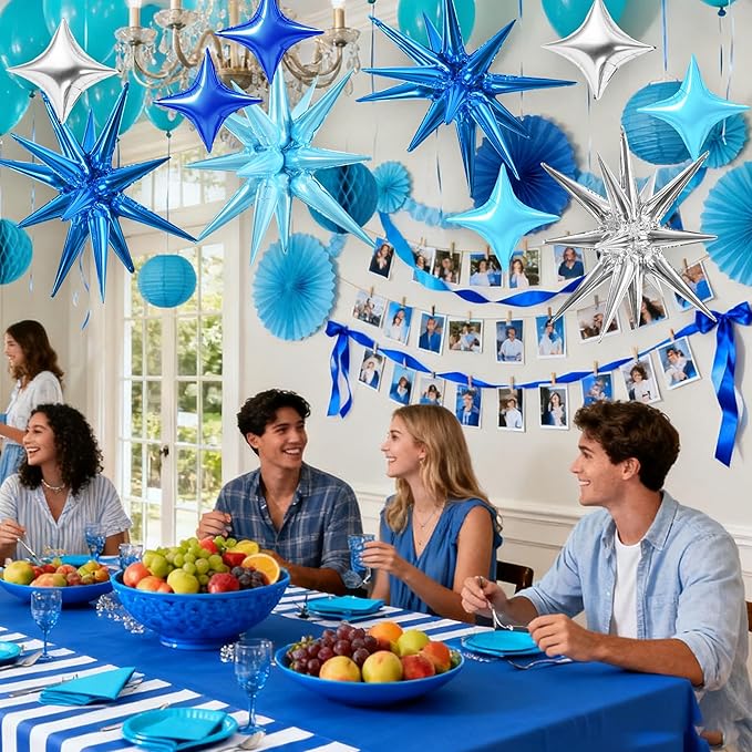TONIFUL 18Pcs 22Inch Blue Silver Large Explosion Star Mylar Balloons and 10Inch Four Pointed Star Balloons Set for Christmas New Year Birthday Wedding Bridal Shower Anniversary Photo Booth Supplies
