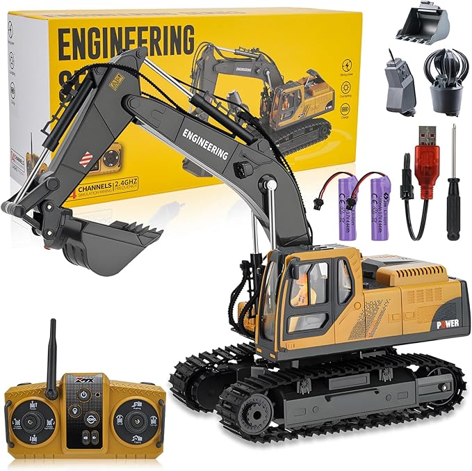 RC Excavator Toy for Boys 3-12, 3-IN-1 Bucket/Claw/Drill, 2.4GHz 14 Channel Construction Truck with 680°Rotating, 2400mAh Battery/LED Lights/Realistic Sounds, Durable Engineering Vehicle Gift for Boys
