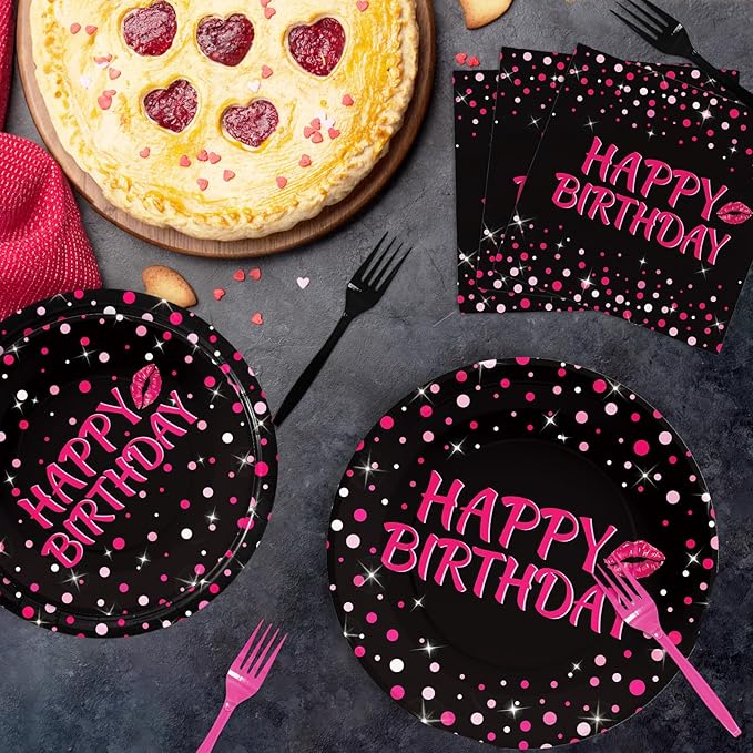 Grencian 96Pcs Hot Pink and Black Birthday Party Supplies Hot Pink Dots on Black Paper Plates and Napkins Disposable Happy Birthday Tableware Set for Women Black and Pink Birthday Decorations Serves24