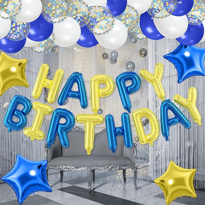 29PC Blue Yellow Happy Birthday Balloon Banner, 16 Inch 3D Aluminum Letter Banner Sign, Blue Yellow Confetti Balloon 18 Inch Star Foil Balloon for Women, Men Birthday Party Decorations