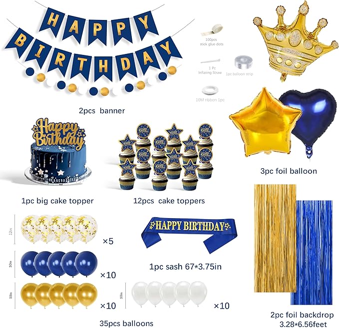 Blue And Gold Birthday Decorations for Men,Fringe Curtains Happy Birthday Banner,Red balloons,Cake Toppers for Boys