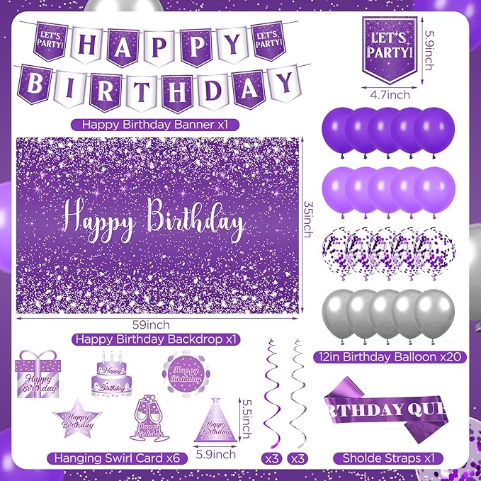 Purple Party Decorations for Women Girls Happy Birthday Banner Silver Glitter Backdrop Hanging Swirls Queen Sash 20PCS Purple Latex Balloons Set for Girl Sweet Princess Birthday Party Decor Supplies