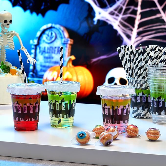 Domensi 50 Pcs Halloween Black and White Juice Classic Horror Party Plastic Cup 12 oz Scary Disposable Plastic Cups with Lids and Straws Thick Clear Horror Movie Party Table Decoration Supplies