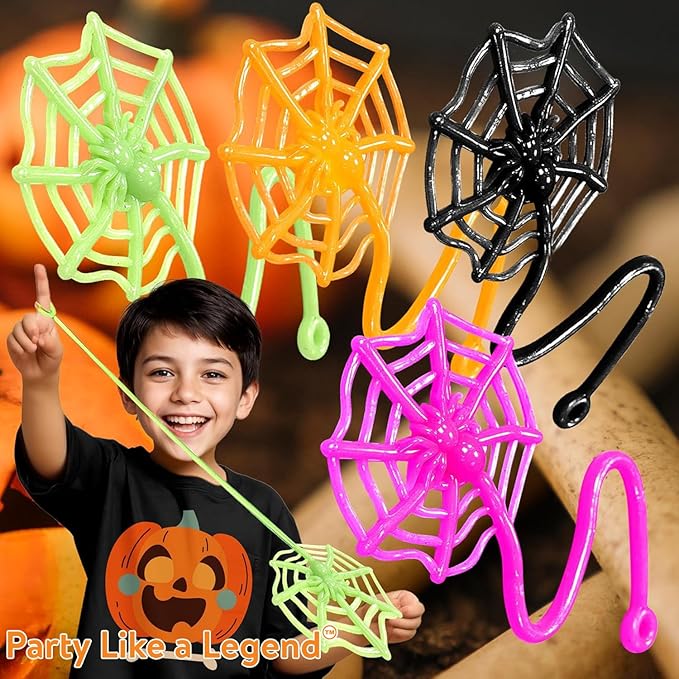 Glow Fever 24Pcs Sticky Spider Web Party Favors Pack, 7.5 inches in Total Length, Halloween Party Favors, Gifts For Birthday, Goodie Bag Classroom Prizes, 4 colors