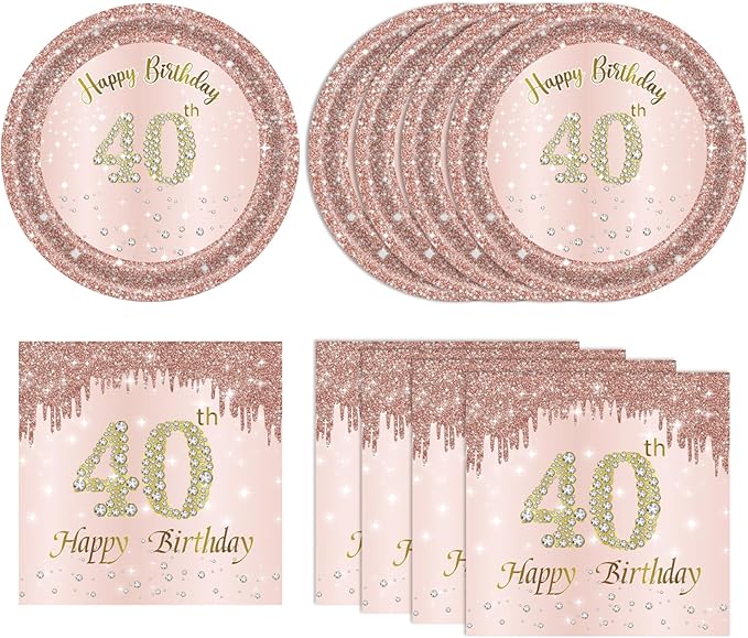40 PCS 40th Birthday Decorations for Women 40th Birthday Plates and Napkins Set Forty Year Old Party Disposable Tableware set for Rose Gold 1986 40th Birthday Decorations
