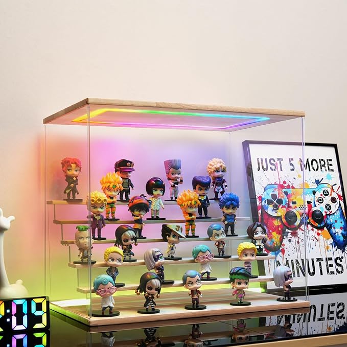 Clear Acrylic Display Case with Light , 6 Tier Multiple Color Lights Display Box Stand Assembly Dustproof Protection Showcase for Collectibles Action Figures (Wood 6 Tier L 19.7*12.6*16.5in)