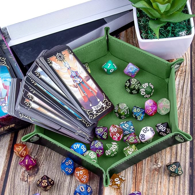 SIQUK 2 Pieces Dice Tray PU Leather Dice Trays Portable Folding Hexagon Dice Roller Tray for Dice Games Like RPG, DND and Other Table Games (Green, Camel)