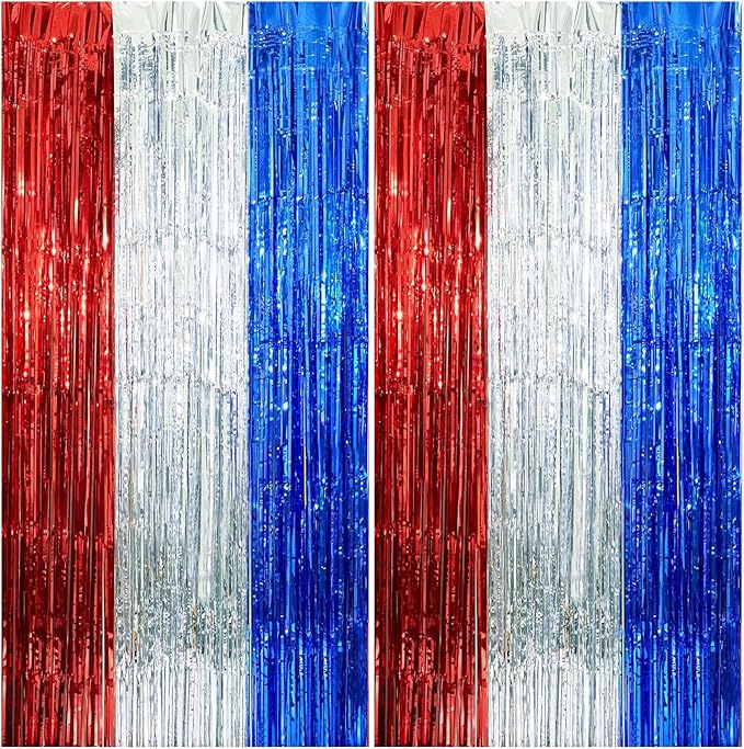 2 Pack Construction Foil Fringe Curtains, 3.3x6.6 Ft Blue Red and Silver Tinsel Backdrop Party Decorations Door Streamers for 4th of July Decorations, Patriotic Party, Independence Day Decor