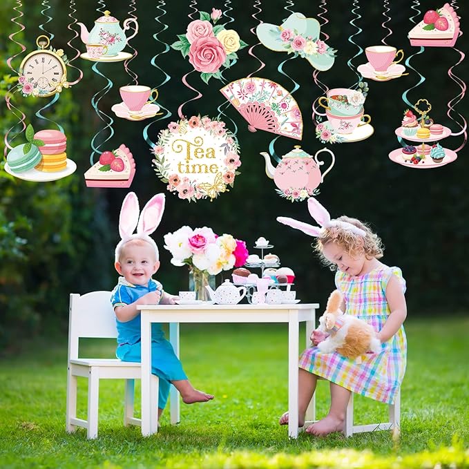 Faccito 53 Pcs Tea Party Decorations Birthday Supplies - Floral Tea Party Birthday Decor Hanging Paper Swirls with Teacup Partea Time Ceiling Decoration for Spring Women Adults Bridal Wedding Favors