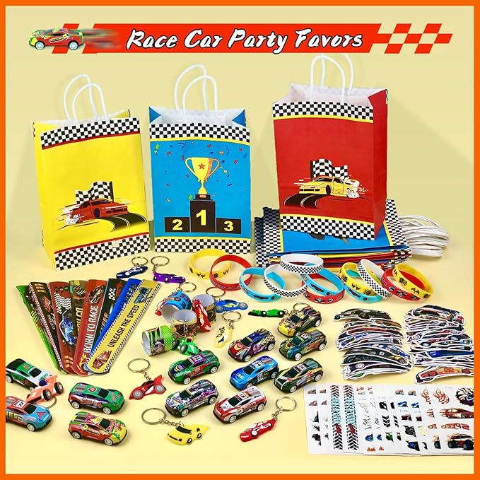 Race Car Party Favors 110Pcs Car Themed Birthday Party Supplies Set Include Wristbands Race Cars Keychains Bracelets Bags Tattoo Stickers Pinata Filler