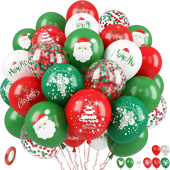 Merry Christmas Printed balloons, Red Green Confetti Balloon Set, 12 Inch Red Green White Latex Balloons Santa Claus Christmas Tree Printed Balloon Helium for Xmas Birthday New Year's Party Decoration