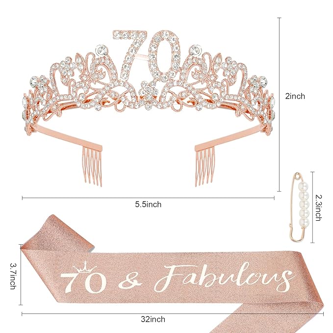 Semato 70th Birthday Decorations - 70th Birthday Sash and Crown Kit for Women Birthday Gifts for Women Party Supplies and Favors