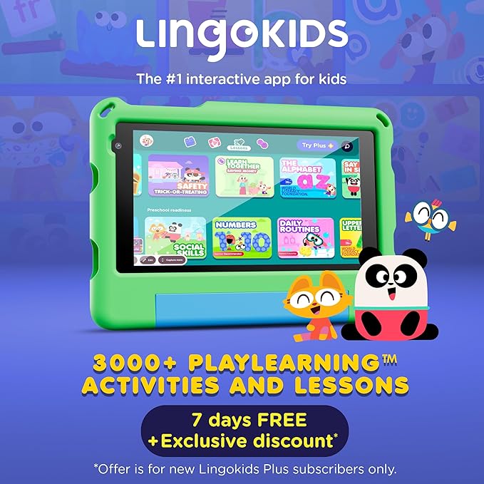 Contixo A7 Kids Tablet with 14 Apps, Lingokids & Epic, 7" HD Screen, Android 15, Parental Controls, WiFi, 3+32GB Storage, al Tablet for Kids Ages 3-12, Boys & Girls Gift, Green