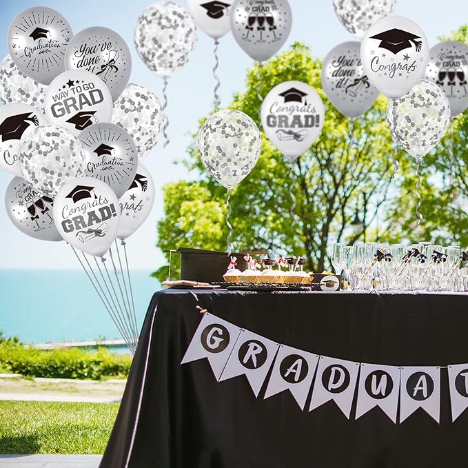 Whaline 60Pcs Graduation Party Balloon Set 7 Designs Silver White Confetti Latex Balloon with 2 Rolls Ribbon Grad Cap Congrats Grad Balloon for Graduation Party Decoration Supplies