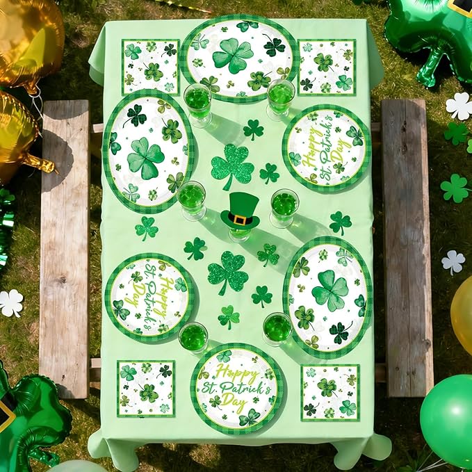 150 Pcs St. Patrick's Day Party Decorations Green Shamrock Oval Plates and Napkins Disposable Lucky Shamrock Clover Tableware Set for Irish St. Patrick's Day Holiday Party Supplies Serves 50