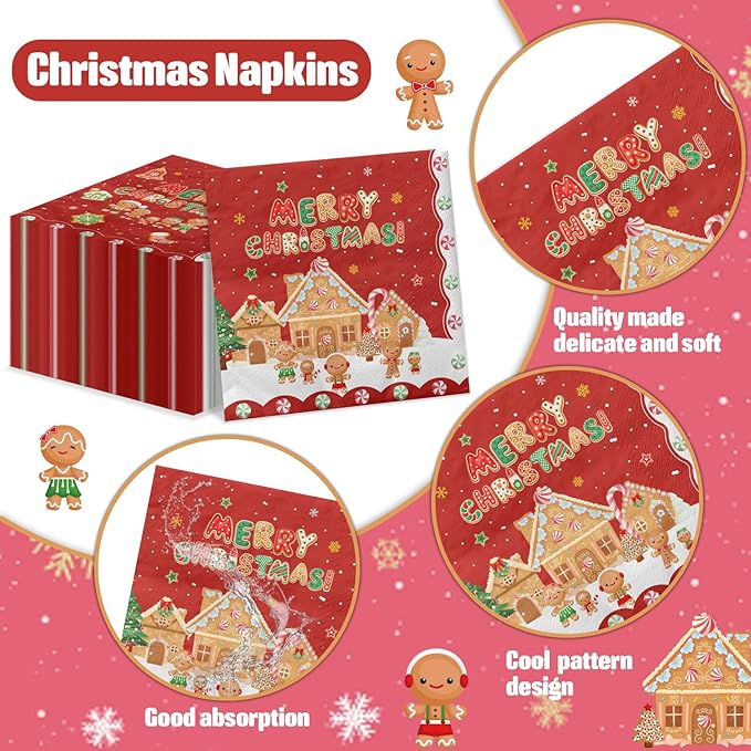 100Pcs Christmas Gingerbread Napkins, 13 x 13inch Snowflakes Xmas Luncheon Paper Napkin Red Santa Party Napkins for New Year Winter Holiday Christmas Party Supplies