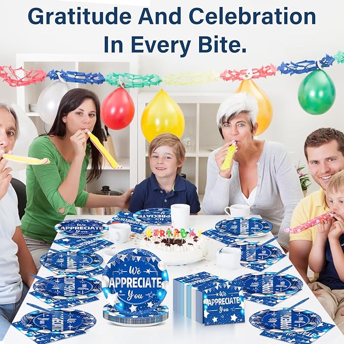 96pcs Blue Silver We Appreciate You Plates and Napkins Set for Thanksgiving Party Decorations Thank You Dinnerware Tableware for 24 Guests Employee Teacher Graduate Pastor Appreciation Party Supplies