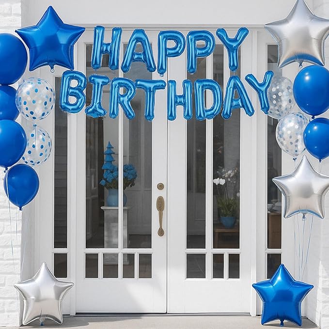29PC Blue Happy Birthday Balloon Banner, 16 Inch 3D Aluminum Letter Banner Sign, Metallic Silver Pearl Dark Blue Confetti Balloons 18 Inch Star Foil Balloons for Women, Men Party Supply