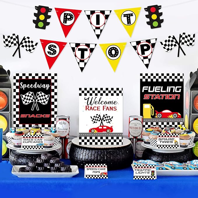 Race Car Bar Decorations Racing Car Birthday Party Decor Kit Pit Stop Banner Race Bar Signs Snack Tent Cards Let's Go Racing Theme Party Supplies