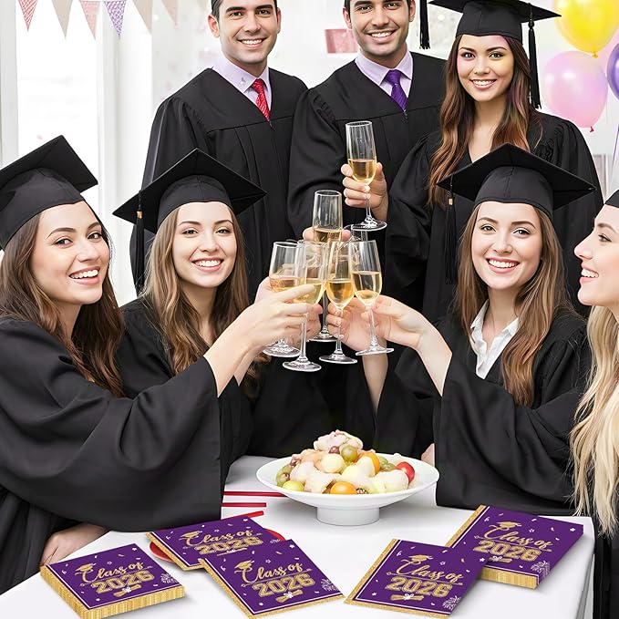 50 Pcs Graduation Napkins Class of 2026 - Purple Gold Congrats Grad Napkins Set, 3-Ply Disposable Graduation Luncheon Dinner Party Paper Napkins for Grad Party Supplies Table Decoration