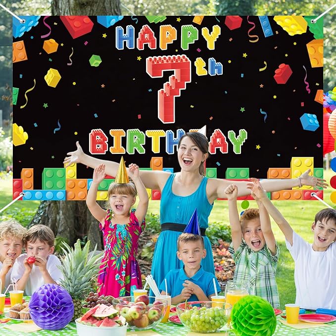 Panelee Building Block Birthday Banner Building Blocks Party Backdrop Decoration Happy Birthday Banner Photography Background for Party, 72.8 x 43.3 Inch(Black,7th)